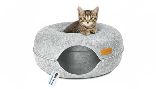 Katzentunnel Donut Filz Rund 50x50x24 – Flauschiges Katzenbett mit waschbarem Kissen, gemütliche Katzenhöhle als Schlaf- und Spielplatz, kratzfestes Katzenkörbchen – Grau
