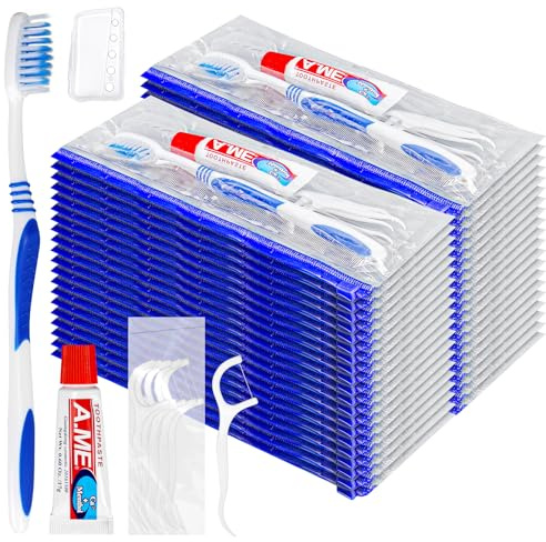 50 Pack Travel Toothbrush and Toothpaste Sets, Individually Wrapped Kits | 5-in-1 Dental Kits with 17g Toothpaste, Floss Picks and Covers for Hotels, Airbnb, Camping and Donations
