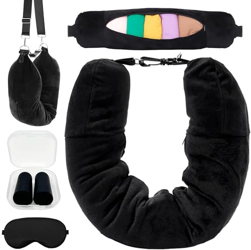 LAINIKE Befüllbares Nackenkissen, Reisekissen Stopfbares für Reisen, U-förmiges Multifunktionales Nackenkissens, Reise Nackenkissen befüllbar, mit Eye Mask und Ohrenstöpsel, für Reisezubehör(Schwarz)
