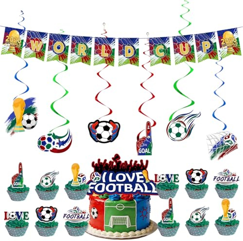 Aribliseza WM 2026 Set de Decoración de Fútbol, 4 Piezas, Guirnaldas de Banderines en Espiral, Adornos para Pastel, Decoración de Fiesta de Cumpleaños