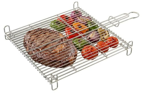 Amig - Parrilla para Barbacoa - 50 x 50 cm - Fabricado en Acero Resistente a la Corrosión - Volteo Uniforme Ideal para Asar Carnes y Verduras - Mod. AM25