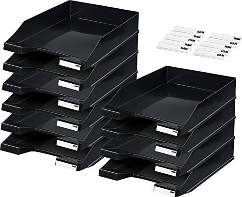 HAN Briefablage KLASSIK 1027-X-13 in Schwarz/Hochwertige, stapelbare Ablage im modernen Design/Für Briefe & Papiere bis Format A4–C4, 10 Stück + 10 original Beschriftungsclips