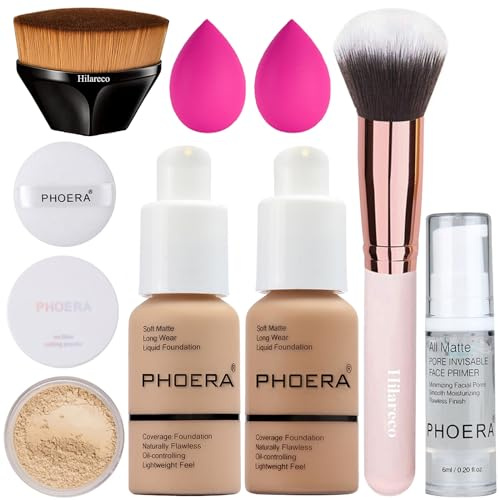 PHOERA Foundation und Primer Set - Flüssigmatt Full Coverage Concealer, Make Up Foundation und Puder Pinsel, Make up Schwamm Set (Buff Beige #104 + Sand #105)