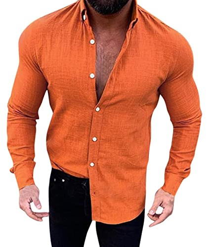 Zhiyao Camisa de lino para hombre de manga larga/manga corta, camisa de ocio para niños, camisa básica de lino para hombre, camiseta hawaiana, playa, palmeras, varios colores, naranja, L