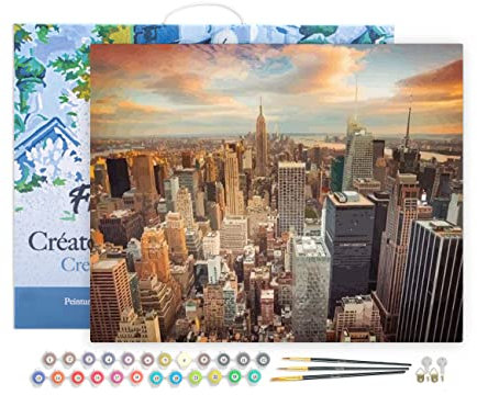 Figured'Art Pintar por Numeros Adultos con marco Puesta Del Sol De Nueva York - Manualidades pintura acrilica Kit Cuadro DIY completo - 40x50cm con bastidor montado