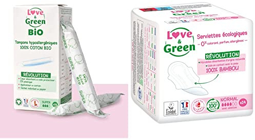 Love & Green BIO Tampons hypoallergéniques avec Applicateur SUPER x 14 & Serviettes Ecologiques Normal - Certifiées Ecolabel - 14 Pièces - 0% colorant, parfum, allergènes