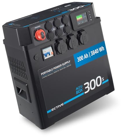 ECTIVE AccuBox 300s tragbare Powerstation 3840Wh, 3000W Wechselrichter | Mobiler Stromgenerator mit LiFePO4 Batterie, Solarladeregler & vielen Anschlüssen, Akku-Stromspeicher für autarke Versorgung
