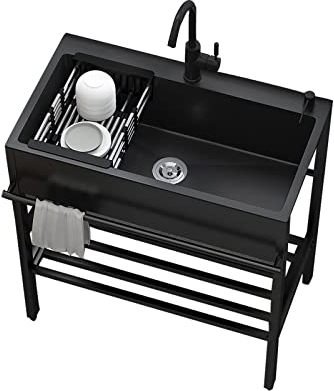 fregadero Portatil Negro，exterior jardin Independiente Con grifo extensible，cocina Comercial fregadero，Fregadero exterior multifuncional，Fregadero Profesional 1 Seno,exterior，complejo，cocina