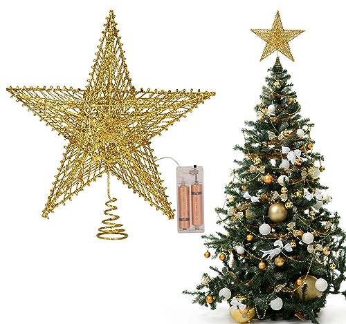 Belle Vous Stella per Punta Albero di Natale Dorata - 26 cm - Puntale Natale Metallico Luminoso Alimentato a LED - Ornamento Natalizio per Decorare la Casa o una Festa di Natale