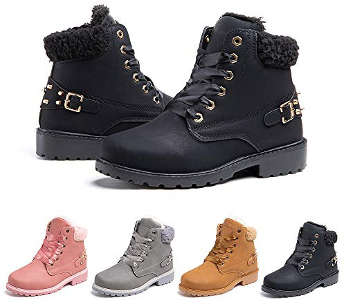 Botas Mujer Invierno Nieve de Cuero PU Zapatos Planas Calentar Piel Forro Cordones Botas Senderismo Snow Boots Outdoor Negro 36 EU