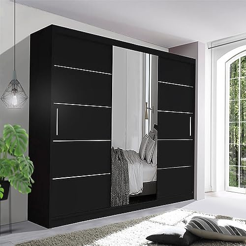 Track-D Modern Bedroom Sliding Wardrobe - Ample Storage Space and Sleek Design comes in White/Grey/Black/Oak and Width 150cm/180cm/203cm/250cm (Black, 250cm)