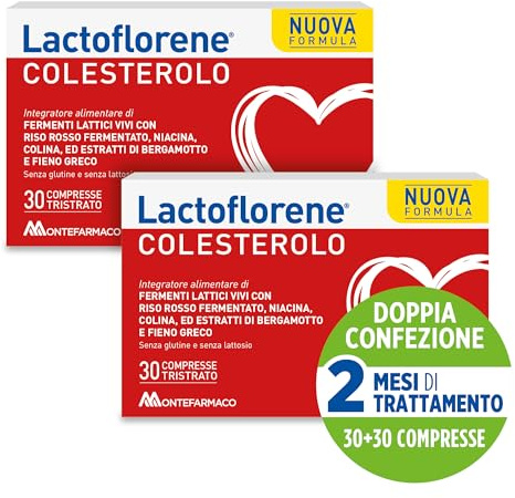 Lactoflorene Colesterolo, Integratore per il Controllo del Colesterolo, con Monacolina K, Probiotici e Bergamotto, 2 Pack 30+30 Compresse, Senza Glutine e Senza Lattosio