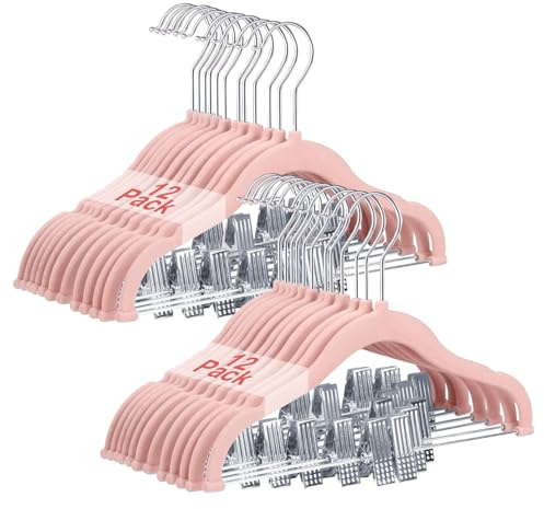 Wellong Baby Clothes Hangers with Clips, 24 Packs Kids Velvet Clothes Hangers, Heavy-Duty Childrens Hangers, Storage Organizer Clothing Hangers for Shirts, Pants, Skirts, Dresses, Jackets, Coat Pink