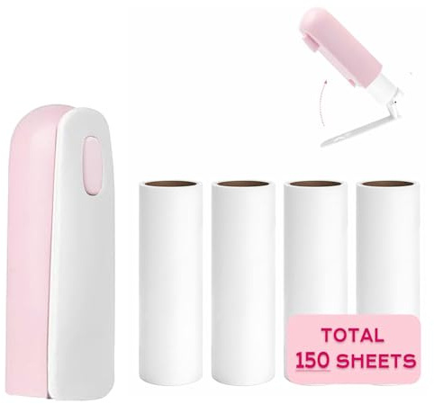 Mini Travel Lint Roller with 150 Sticky Sheets, Compact Portable Pet Hair Remover with Cover for Clothes, Travel, Small Foldable Lint Roller for Purse Car Bag Essentials (Pink)