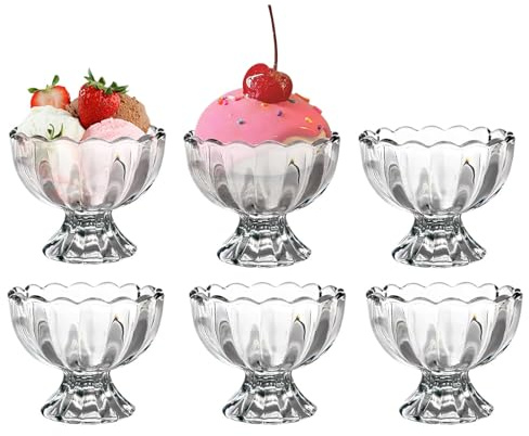 CHPINDAM Vintage Glass Dessert Bowls, Ice Cream cups, 5oz Dessert cups, for Sundae, Fruit, Ice Cream, Pudding, small snacks,Condiment (6)