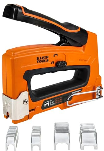Klein Tools 80169 - Grapadora de cables resistente con 600 grapas aisladas, incluye 300 unidades de 19/32 x 11/32 pulgadas y 300 unidades de 31/64 x 13/64 pulgadas