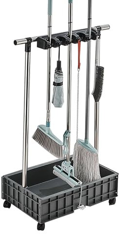 Garage and Restaurant Cleaning Supplies Organizer Cabinet with Mop and Broom Holder and Cleaning Carts on Wheels.