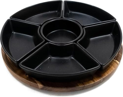 Lazy Susan Rotating, Revolving Dip Set Snack Bowl Serving Platter with 6 Ceramic Dishes Dips, Snacks & Appetisers | Snack Dishes with Turntable | M&W (Black)