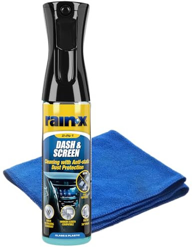Rain-X Detergente e Protettore Premium per Cruscotti e Schermi – Formula Anti-Impronte con Rivestimento Antistatico per Vetro, Plastica e Superfici Delicate + Panno in Microfibra – 300 ml