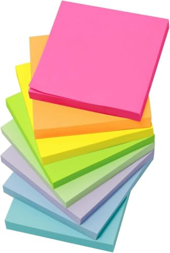 Sticky Notes 800pcs,8 Livres de 100 Feuilles, 7,5 x 7,5 cm, Adhésif Réutilisable ne tombe pas facilement,quantité suffisante,faciles à écrire,pour École, Bureau et Maison(4 fluorescentes&4 pastel)