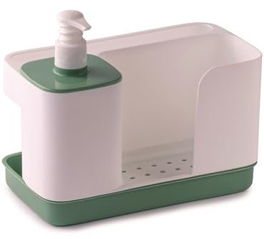 Snips Riordinello - Dispensador Jabón Baño y Cocina, Organizador Fregadero Cocina para Esponjas con Jabonera 400ml y Soporte Estropajo Fregadero, Paños y Esponja, 21x12x18, Made in Italy, Blanco Verde