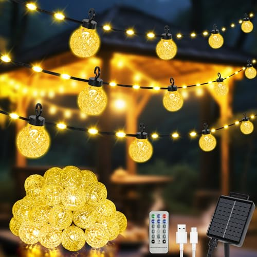 AUAUY Catena Luminosa Esterno, 25 Lampadine da 12M 100LED Impermeabile Luci per Solari a Corda, 8 Modalità Stringa Natalizie Decorazione, per Matrimonio Compleanno Festa Fecorazione (Bianco Caldo)