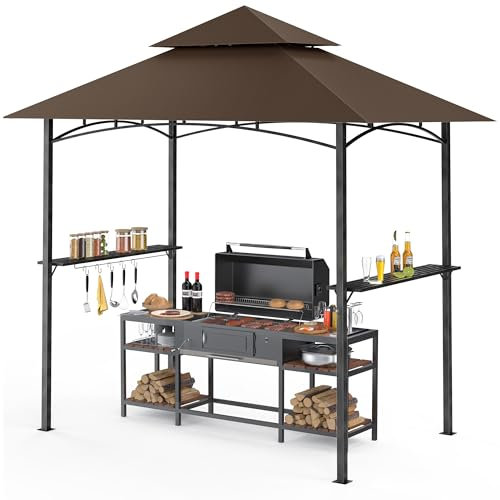 GVDV Tettoia Barbecue 2,4 × 1,5 m – Gazebo da Giardino Impermeabile con Doppio Tetto, Mensole Laterali, 10 Ganci & Apribottiglie – Pergolato per Barbecue, Terrazzo & Campeggio, Marrone
