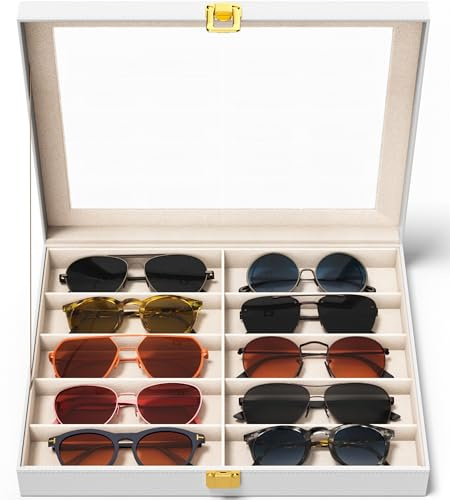 sensok Sunglasses Organizer Storage Box - 10 Slots Eyeglass Display Case for Multiple Pair Glasses, Sunglass Holder with Clear Glass Lid, Jewelry and Watch Collection Box for Women and Men, White