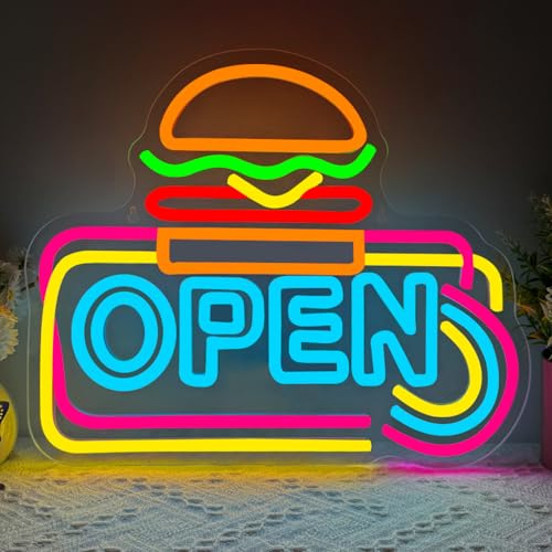 OPEN Neon Schild Led Hamburger Schild für Wand Neon Burger Open Sign Schriftzug USB Neonlicht für Burgerladen Fast Food Laden Ladenschilder Geschenke Home Decor Party Deko