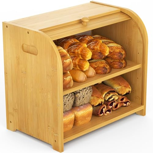 Bambition Bamboo Bread Box for Kitchen Countertop, Roll Top Bread Box for Homemade Bread, Double Layer Bread Storage Container