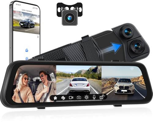 GOHHDL 3 Spiegel Dashcam Auto Vorne Hinten mit APP, 9.66 Zoll IPS Touchscreen Dashcam Auto Vorne Hinten, G-Sensor, Super Nachtsicht, Parküberwachung, Loop Video, Einparkhilfe, Belichtungskorrektur