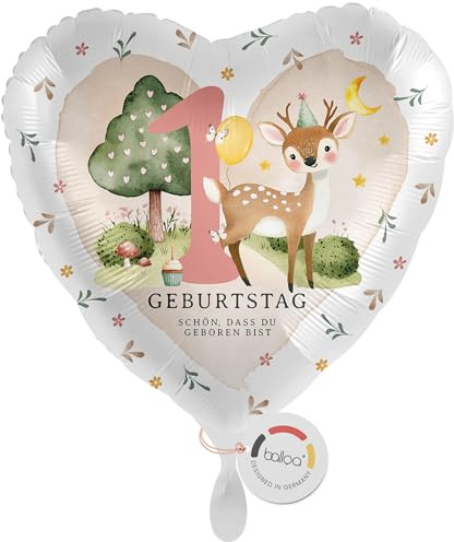 balloa Folienballon XXL 1 Geburtstag mit Bambi Motiv, Geschenk zum ersten Geburtstag für Mädchen oder Jungen, Helium Ballon Waldtiere Partydeko, Kindergeburtstag Luftballon Dekoration, 53cm