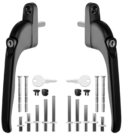 eSynic 2PACK Universal Locking Window Handle for UPVC Window/Balcony Door | Each with 5 Multi-Size Spindles,Cuttable Screws & Key,Easy to Fit ,Black Aluminum Ergonomic Espag Replacement Handle