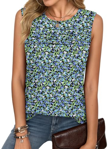 WNEEDU Womens Tops Pleated Round Neck Vest Tops Women UK Sleeveless Summer T Shirts for Women Casual Ladies Tunic Tank Top Blue Green Bloom XL