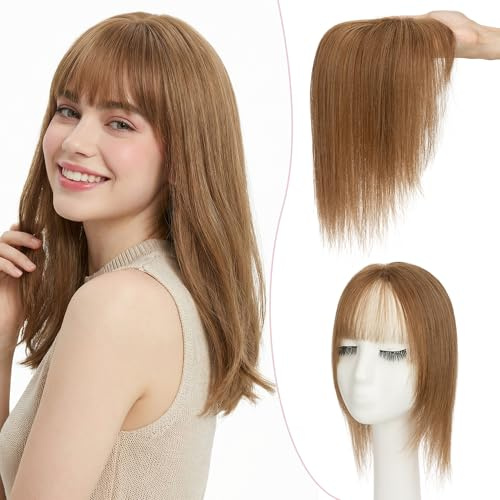 SEGO Pro hårstycke med lugg äkta hår hårdel toppers clip in Extensions toupet hårförlängning ponny toupee kvinnor Remy med 3 clips 35 cm ljusbrun #06