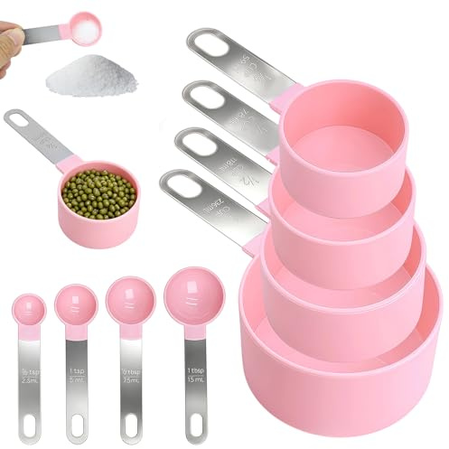 8 Pcs Measuring Cups and Spoons Set for Baking, Stainless Steel Handle Cup Measurements Set for Dry and Liquid Ingredients, Pink Kitchen Accessories, Measuring Spoons Sets for Cooking Gadgets