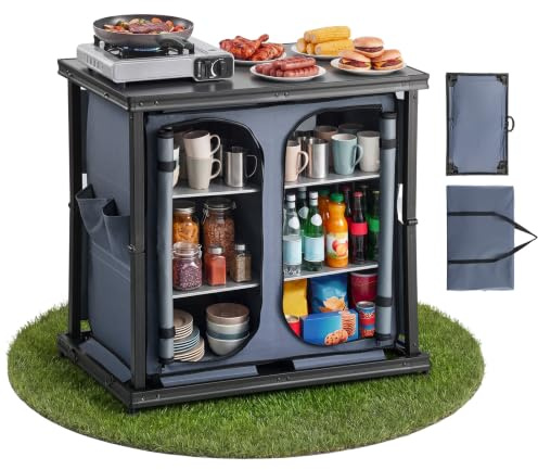 VEVOR Folding Camping Storage Cabinet, Outdoor Portable Aluminum Lightweight Table, Quick Set-up Compact Kitchen Cook Station, with 6 Shelves and Carry Bag, for Picnic, BBQ, Camping, RV Traveling