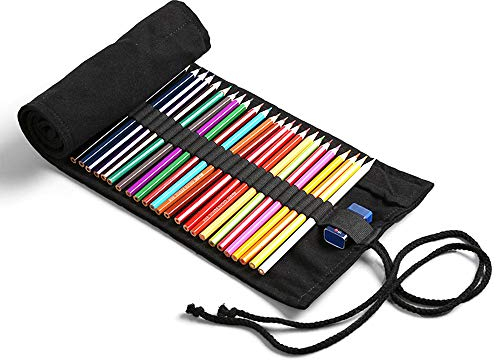 Bleistiftrolle aus Leder mit 12-72 Löchern, schwarzes Leinenetui, stilvolle Aufbewahrungstasche für Buntstifte, Zeichenwerkzeuge und Pinsel, für Künstler, Studenten und Erwachsene (72 Löcher)
