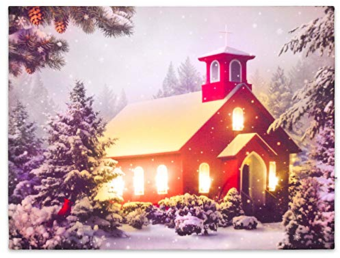 Nexos Trading LED Wandbild Leinwandbild mit Beleuchtung 30x40 cm rotes Kirche Fotodruck Kunstdruck Leuchtbild Weihnachten Batterie Winteridylle Effekt-LED