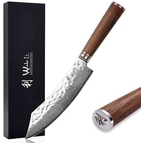 Wakoli Nussbaum Premium Blockmesser mit 20 cm Klinge gefertigt aus 67 Lagen echtem Damaststahl mit Nussbaumholzgriff I Damastmesser Küchenmesser und Profi Kochmesser