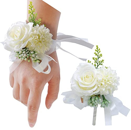 2 Stück Rosenblumen-Handgelenk-Set für Herren, Hochzeit, weiße Rose, Korsage, Armband für Frauen, Braut, Brautjungfer, Handgelenk, Korsage, für Hochzeit, Party, Abschlussball, Dekorationen (weiß)