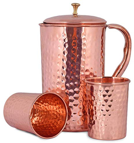 Pichet en cuivre de 1,5 l avec 2 pichets à eau en verre en cuivre pour la guérison ayurvédique, sans doublure, pichet en cuivre, pichet ayurvédique pour eau potable, Moscow Mule, Cocktail (design 04)