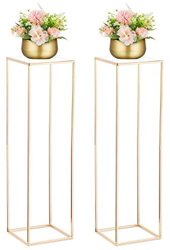 Nuptio Gold Vase for Wedding Centerpieces with Acrylic Panel - 2 Pcs 100cm Tall Flower Vases Rectangular Metal Column Flowers Stand for Birthday Party Decorations - Geometric Display Rack Stands