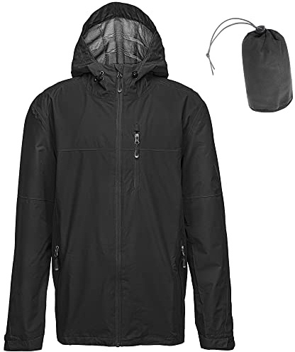 33,000ft Regenjacke Herren Wasserdicht Outdoorjacke Leichte Freizeitjacke Packbare Windjacke Fahrrad Regenmantel mit Kapuze schwarz 4XL