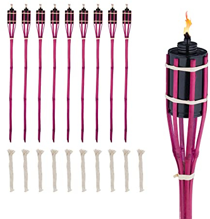 Relaxdays Torche Jardin, Lot de 10, Bambou, Lampe à Huile pour Dehors, avec mèches de Rechange, Hauteur : 90 cm, Rose