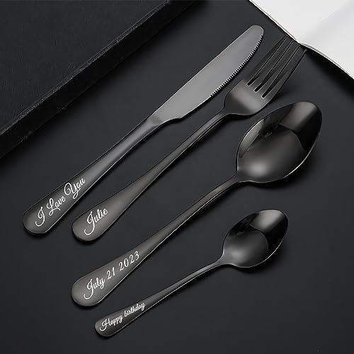 Individuell graviertes Besteck, individuelles Geschirrset mit Geschenkbox, personalisierter Schriftzug, Namensgabel/Messer/Löffel, Edelstahlbesteck (Schwarz)