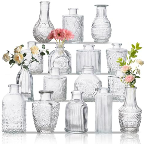 Glass Bud Vase Set of 16, Small Flower Vases, Glass Vases for Centerpieces, Vintage Home Table Decorations Bud Vases (16 Pcs, Clear)