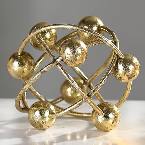 MOCOME 6-inch Metal Round Orbital Sphere with Golden Orbit Balls, Decorative Gold Sphere Sculpture for Home Table Shelf Decor
