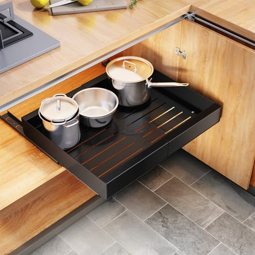 Kitstorack Teleskopschublade, Erweiterbar Ausziehbare Schubladen-Aufbewahrungsregale für Küchenschränke mit Klebefolie, Ausziehbare Schublade (43 Tiefe x 30–50 Breite x 5,8 Höhe cm), Kein Bohren
