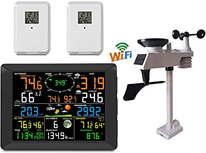 Station météo professionnelle, Station météo WIFI alarme numérique horloge murale intérieure 2 pièces humidité extérieure anémomètre pluviomètre Facile à configurer et à lire les données (Color : WIF